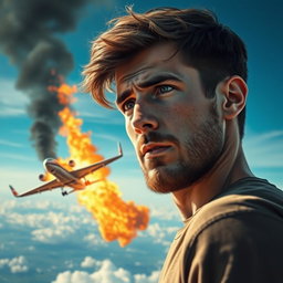A hyper-realistic depiction of a young man with a light beard, displaying a worried expression as he watches a pregnant woman falling from a burning airplane