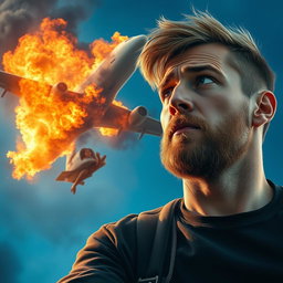 A hyper-realistic depiction of a young man with a light beard, displaying a worried expression as he watches a pregnant woman falling from a burning airplane
