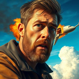 A hyper-realistic depiction of a young man with a light beard, displaying a worried expression as he watches a pregnant woman falling from a burning airplane