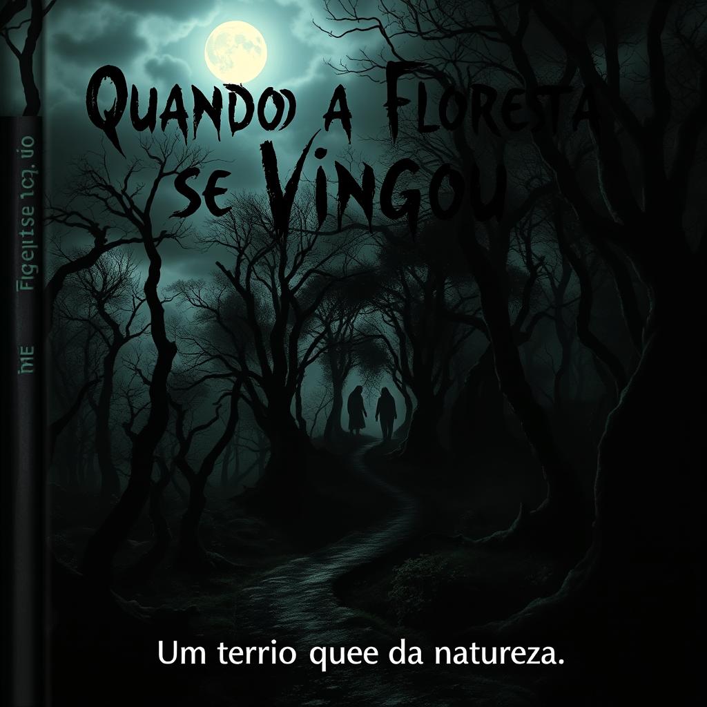 A chilling book cover for a horror novel titled 'Quando a Floresta se Vingou'