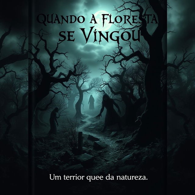 A chilling book cover for a horror novel titled 'Quando a Floresta se Vingou'