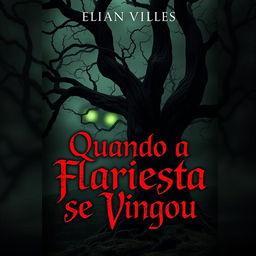 A chilling book cover for a horror novel titled 'Quando a Floresta se Vingou'