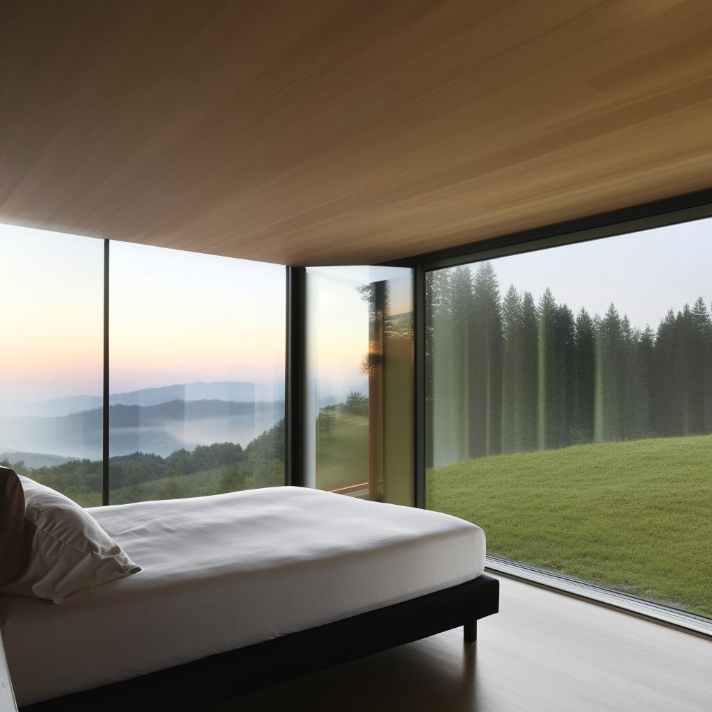 A well-lit modern bedroom with sleek minimalist furniture, floor-to-ceiling windows, and a neutral color scheme