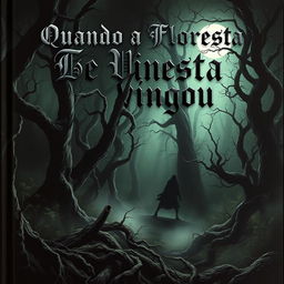 A realistic horror book cover featuring a dark and foreboding forest scene