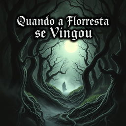 A realistic horror book cover featuring a dark and foreboding forest scene