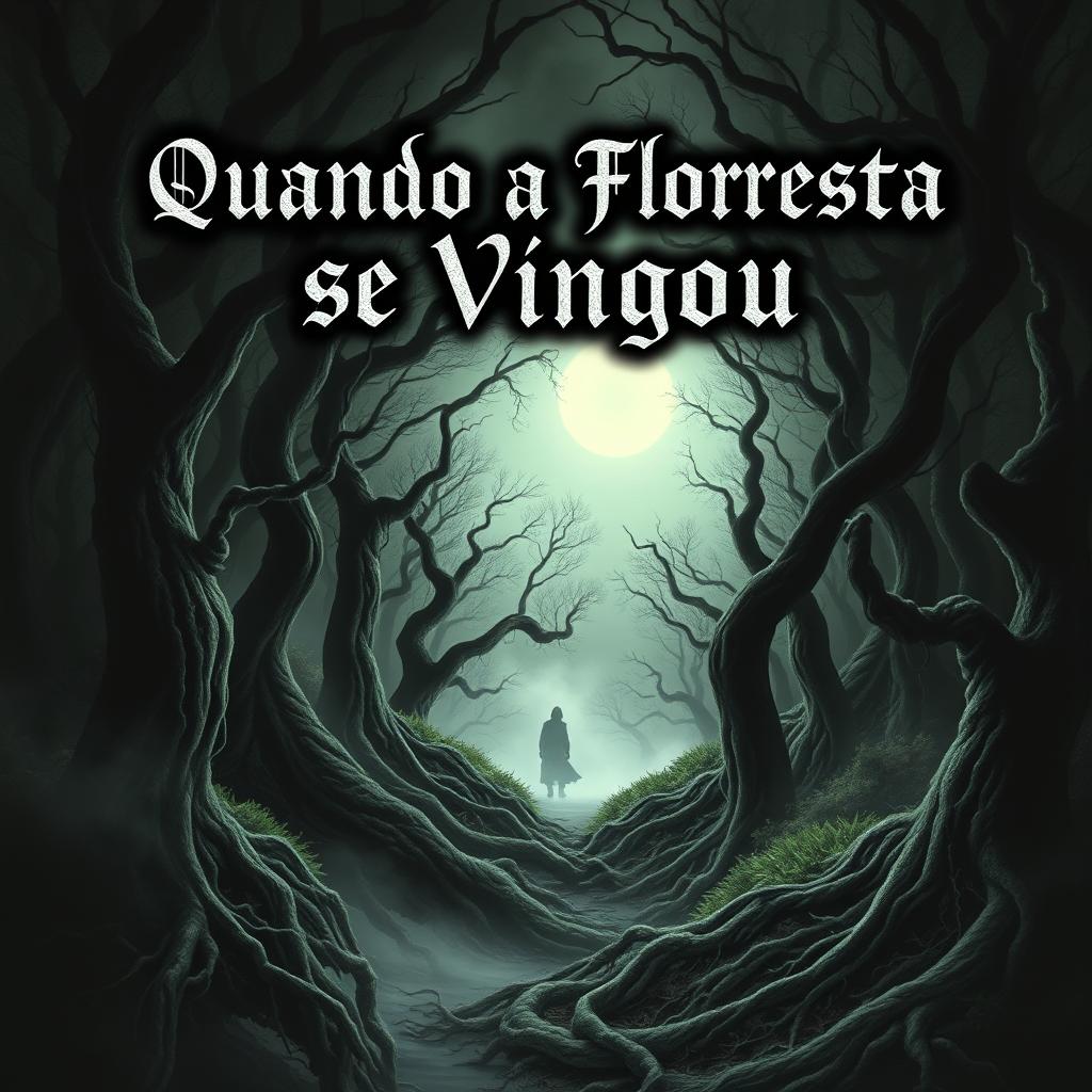 A realistic horror book cover featuring a dark and foreboding forest scene