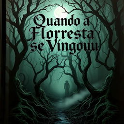 A realistic horror book cover featuring a dark and foreboding forest scene