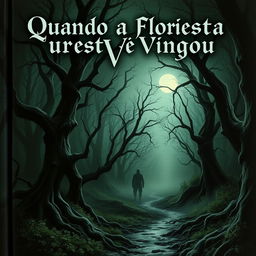 A realistic horror book cover featuring a dark and foreboding forest scene
