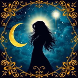 A mystical nighttime artistic illustration featuring a feminine figure in the center, with her silhouette highlighted against a starry night sky
