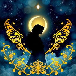 A mystical nighttime artistic illustration featuring a feminine figure in the center, with her silhouette highlighted against a starry night sky