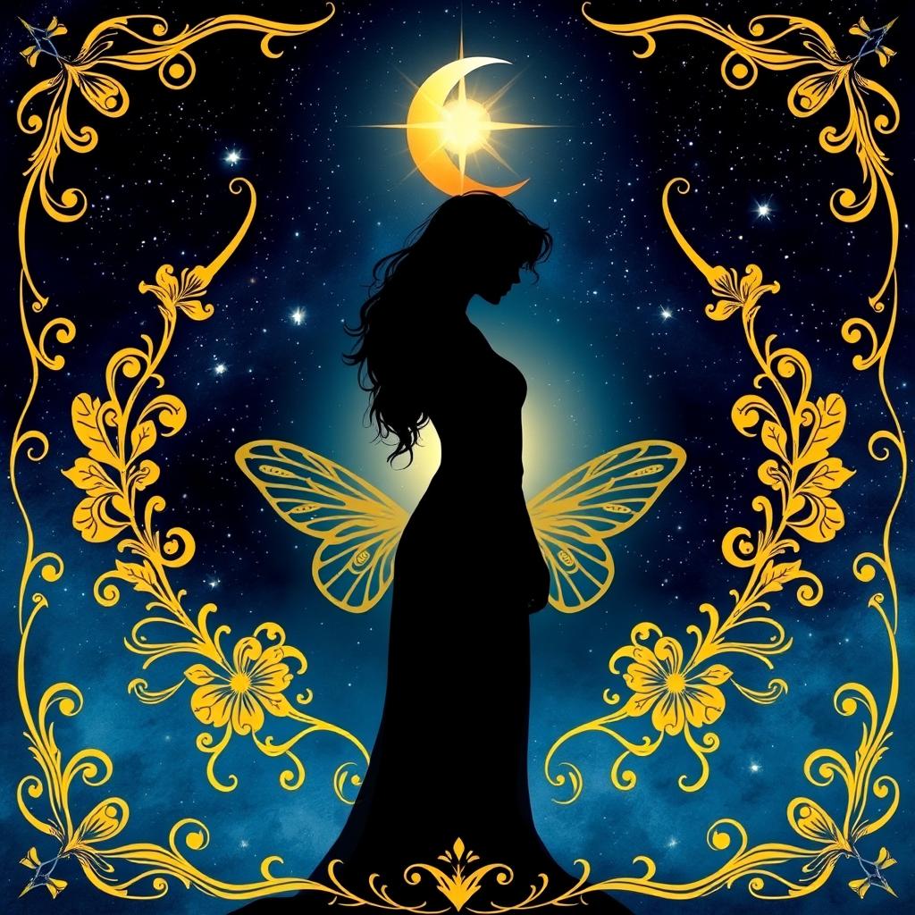 A mystical nighttime artistic illustration featuring a feminine figure in the center, with her silhouette highlighted against a starry night sky