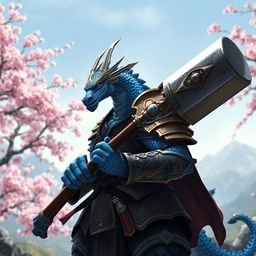 A striking blue Dragonborn character from Dungeons & Dragons 5e, dressed in ornate samurai armor adorned with intricate designs and textures