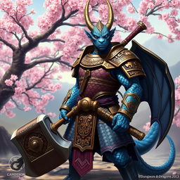 A striking blue Dragonborn character from Dungeons & Dragons 5e, dressed in ornate samurai armor adorned with intricate designs and textures