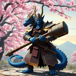 A striking blue Dragonborn character from Dungeons & Dragons 5e, dressed in ornate samurai armor adorned with intricate designs and textures