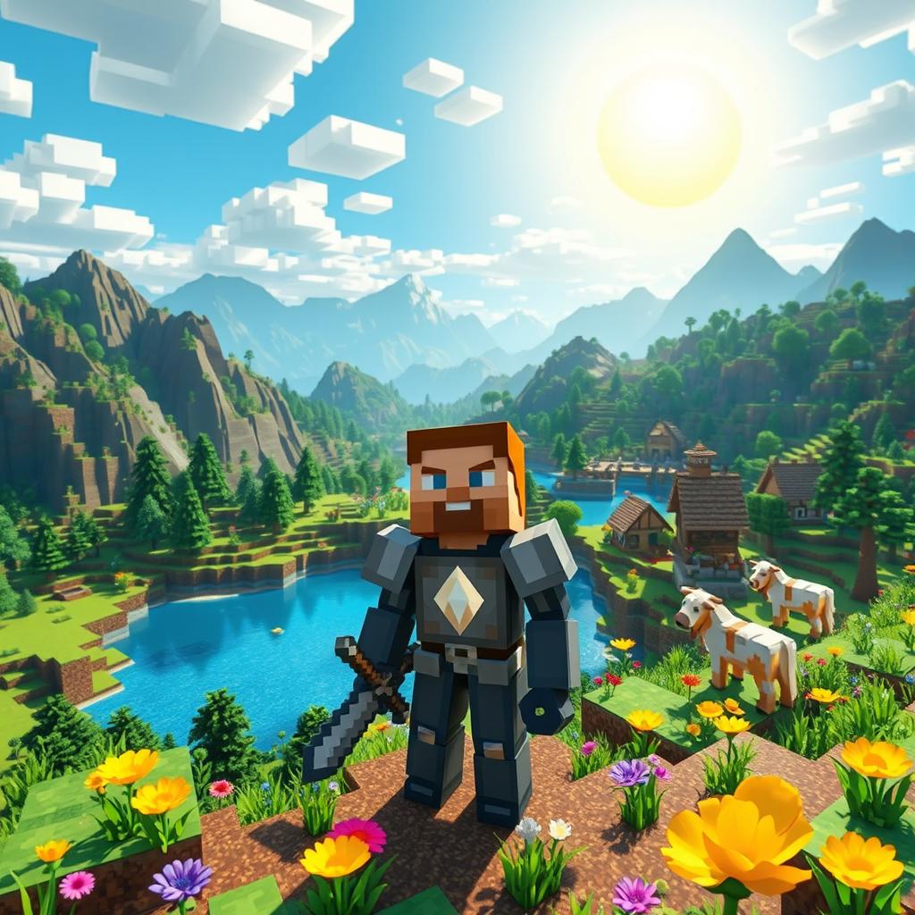 A vibrant Minecraft landscape featuring a blocky terrain with mountains, forests, and lakes