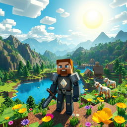 A vibrant Minecraft landscape featuring a blocky terrain with mountains, forests, and lakes