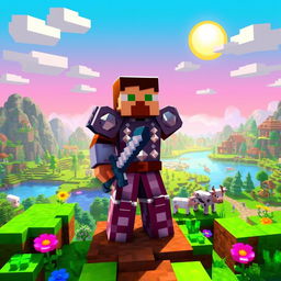 A vibrant Minecraft landscape featuring a blocky terrain with mountains, forests, and lakes