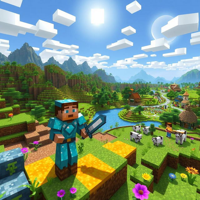A vibrant Minecraft landscape featuring a blocky terrain with mountains, forests, and lakes