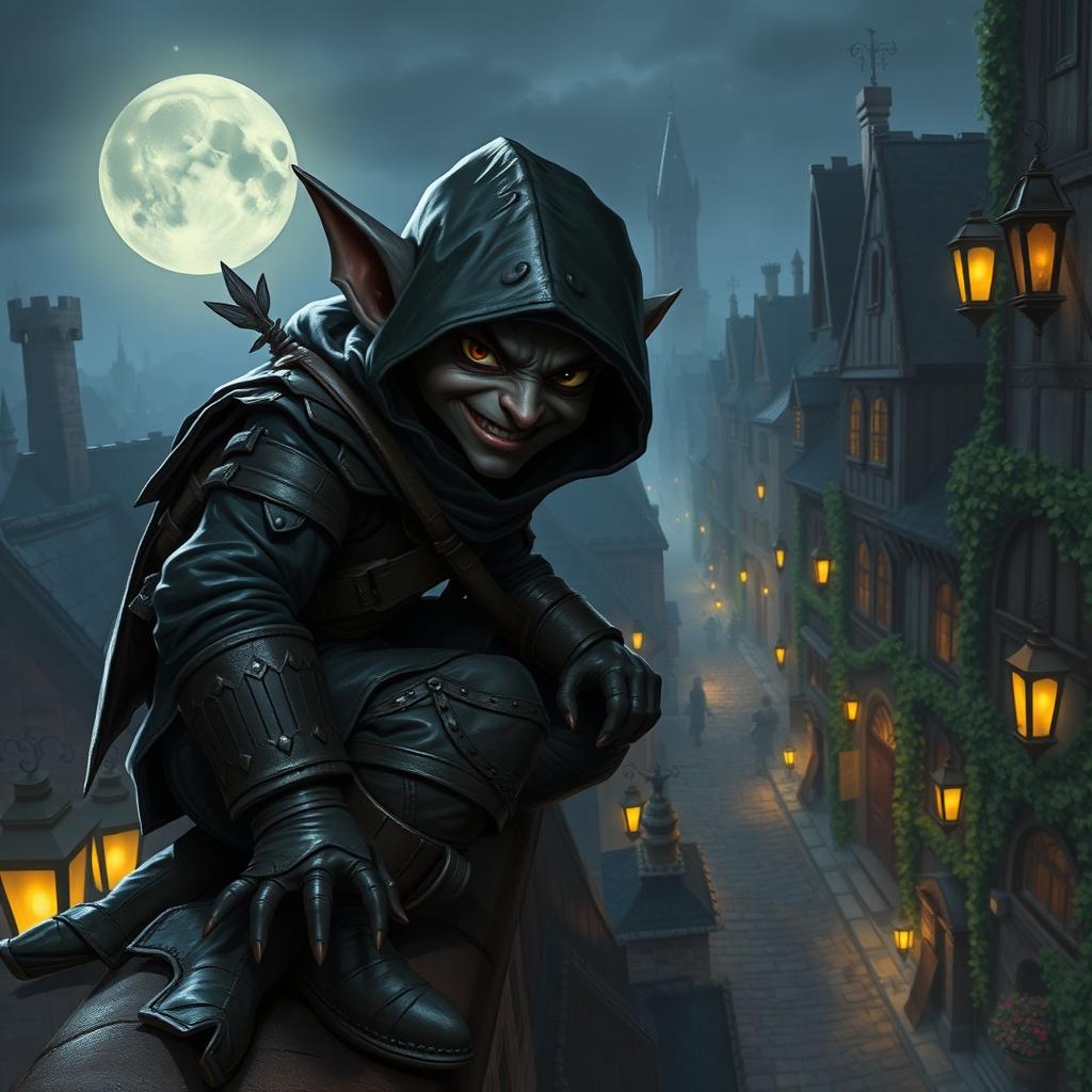 A stealthy black-skinned halfling thief, wearing dark, tattered leather armor that facilitates agility and stealth