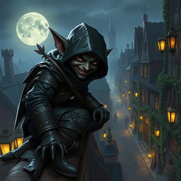 A stealthy black-skinned halfling thief, wearing dark, tattered leather armor that facilitates agility and stealth