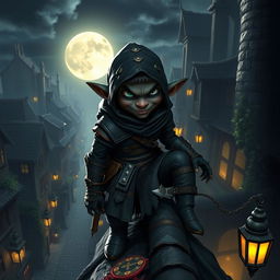 A stealthy black-skinned halfling thief, wearing dark, tattered leather armor that facilitates agility and stealth
