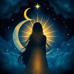 A mystical nighttime artistic illustration featuring a feminine figure in the center, with her silhouette highlighted against a starry night sky