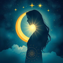 A mystical nighttime artistic illustration featuring a feminine figure in the center, with her silhouette highlighted against a starry night sky