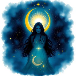 A mystical nighttime artistic illustration featuring a feminine figure in the center, with her silhouette highlighted against a starry night sky