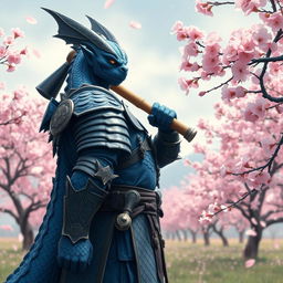 A majestic blue Dragonborn character from Dungeons & Dragons 5e, dressed in intricately designed samurai armor, stands confidently with a large warhammer resting on his shoulder
