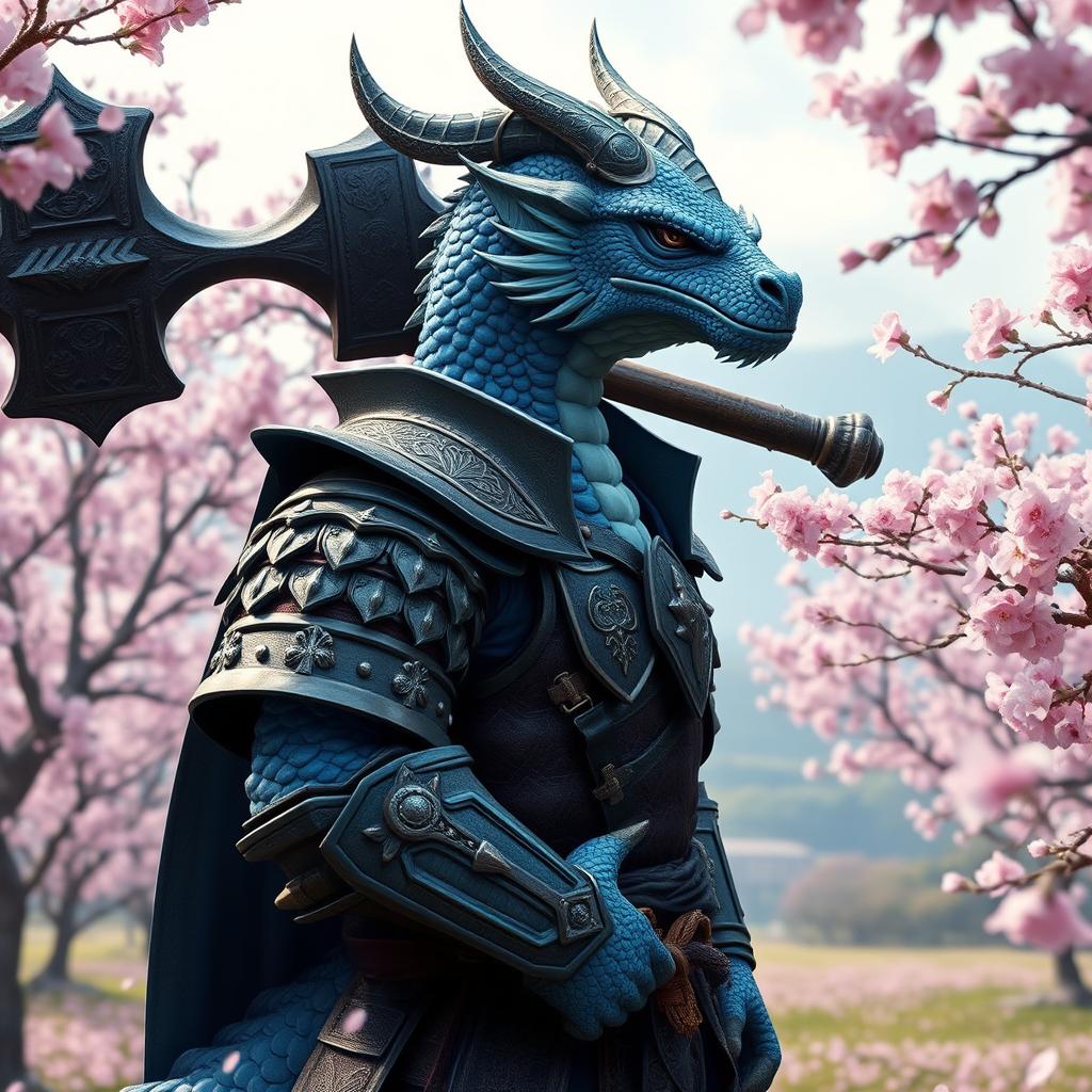 A majestic blue Dragonborn character from Dungeons & Dragons 5e, dressed in intricately designed samurai armor, stands confidently with a large warhammer resting on his shoulder