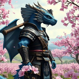 A majestic blue Dragonborn character from Dungeons & Dragons 5e, dressed in intricately designed samurai armor, stands confidently with a large warhammer resting on his shoulder