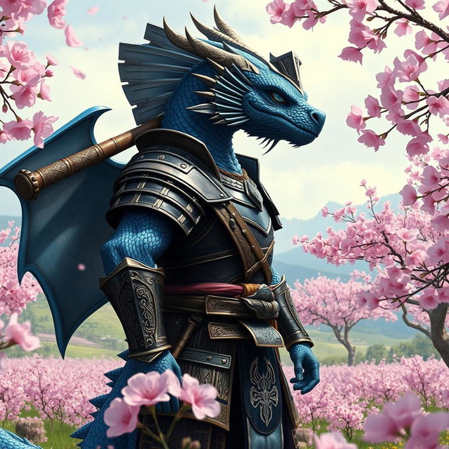 A majestic blue Dragonborn character from Dungeons & Dragons 5e, dressed in intricately designed samurai armor, stands confidently with a large warhammer resting on his shoulder