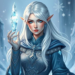 An elegant half-elf woman with striking white hair, dressed in intricate ice-themed robes adorned with shimmering crystals and frost patterns