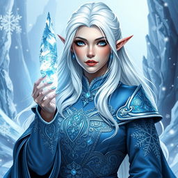 An elegant half-elf woman with striking white hair, dressed in intricate ice-themed robes adorned with shimmering crystals and frost patterns