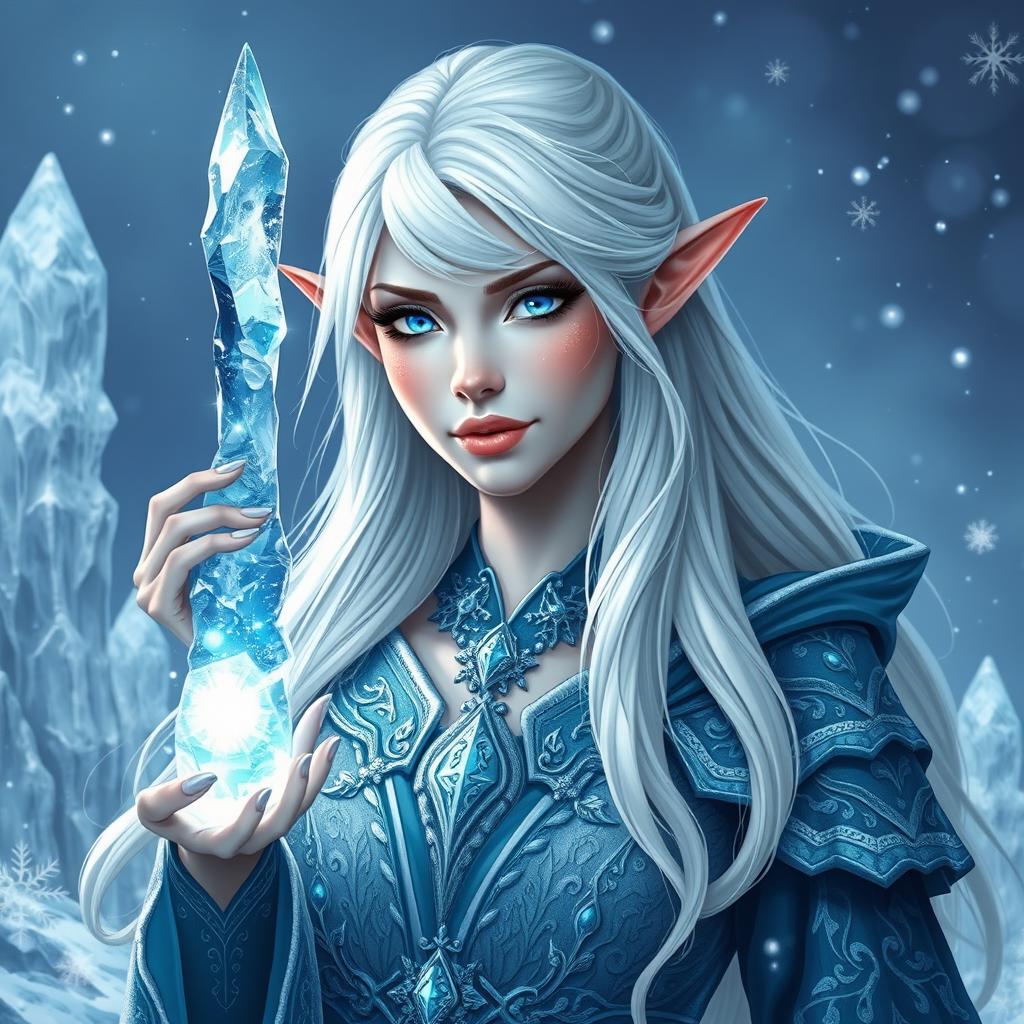 An elegant half-elf woman with striking white hair, dressed in intricate ice-themed robes adorned with shimmering crystals and frost patterns