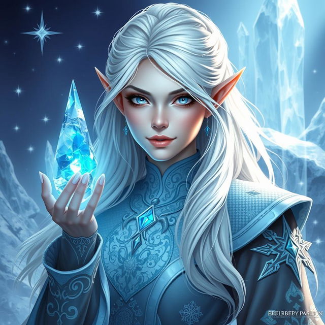 An elegant half-elf woman with striking white hair, dressed in intricate ice-themed robes adorned with shimmering crystals and frost patterns