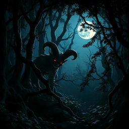 A realistic depiction of a dark forest illuminated by moonlight, showcasing dense trees with shadows creating an eerie atmosphere