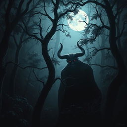 A realistic depiction of a dark forest illuminated by moonlight, showcasing dense trees with shadows creating an eerie atmosphere