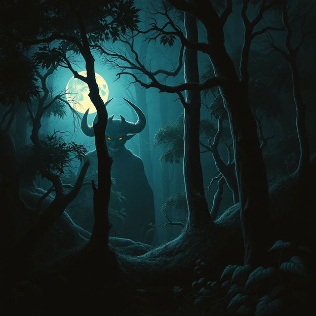 A realistic depiction of a dark forest illuminated by moonlight, showcasing dense trees with shadows creating an eerie atmosphere