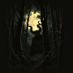 A realistic depiction of a dark forest illuminated by moonlight, showcasing dense trees with shadows creating an eerie atmosphere