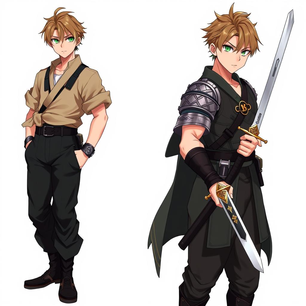 A dynamic and imposing male character inspired by Renji Arakawa, depicted as a temporally degraded swordsman