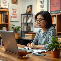 A focused student sitting at a desk in a cozy room, engaged in an online class on their laptop