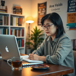 A focused student sitting at a desk in a cozy room, engaged in an online class on their laptop