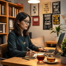 A focused student sitting at a desk in a cozy room, engaged in an online class on their laptop