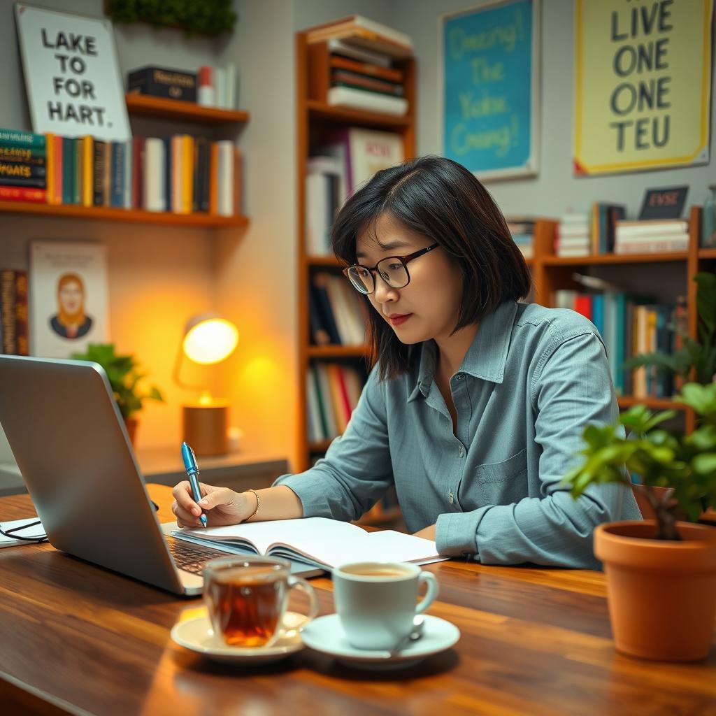 A focused student sitting at a desk in a cozy room, engaged in an online class on their laptop