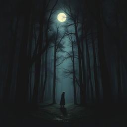 A realistic depiction of a dark forest illuminated by moonlight, casting ethereal shadows across the trees