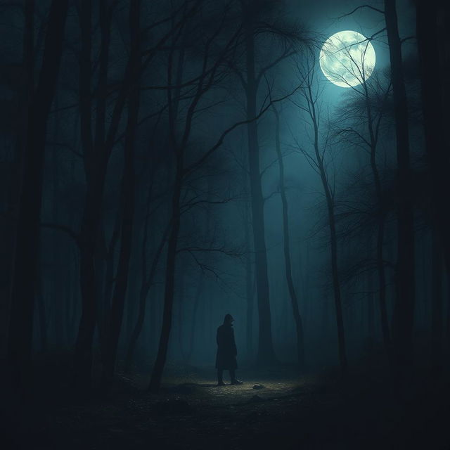 A realistic depiction of a dark forest illuminated by moonlight, casting ethereal shadows across the trees