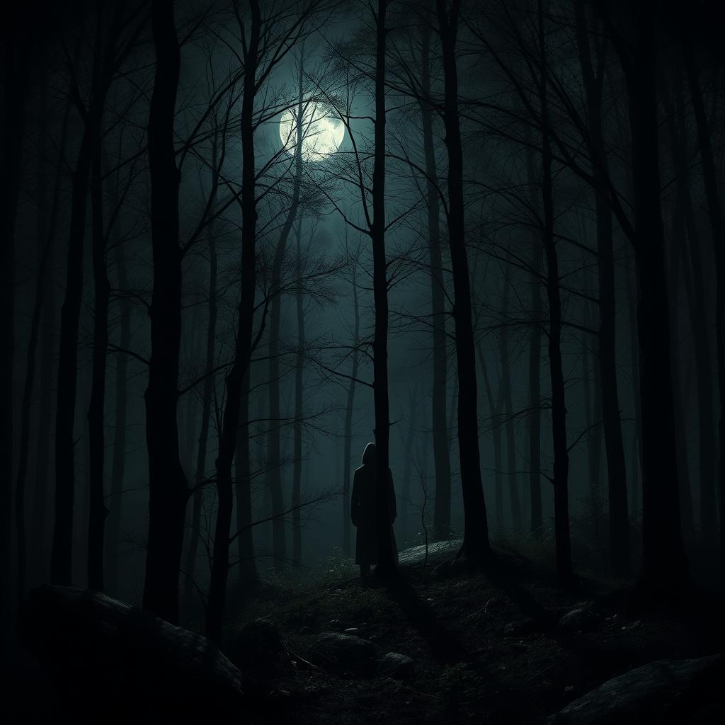 A realistic depiction of a dark forest illuminated by moonlight, casting ethereal shadows across the trees