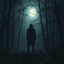 A realistic depiction of a dark forest illuminated by moonlight, casting ethereal shadows across the trees