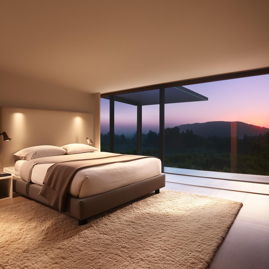 A well-lit modern bedroom with sleek minimalist furniture, floor-to-ceiling windows, and a neutral color scheme